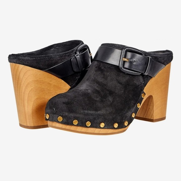 Veronica Beard Dacey buckled studded black suede stacked heel clogs size 9.5 new - Picture 2 of 11